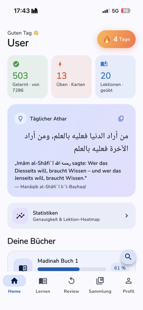 Arabily Home mit Streak, Statistiken und täglichem Athar