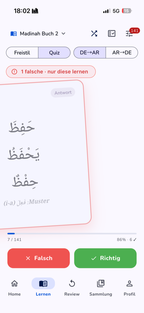 Arabily Karteikarte mit arabischem Verb im Quiz-Modus